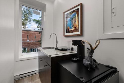 a kitchen with a black counter and a sink at Bonjour Plateau Hotel in Montreal