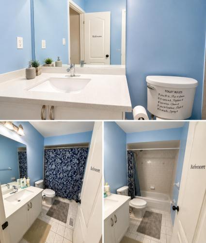 two pictures of a bathroom with blue walls at one bedroom in Brampton in Brampton