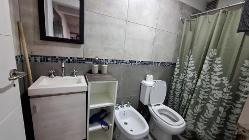 a bathroom with a sink and a toilet and a shower at Apartment Z Alberdi Home in Belén de Escobar