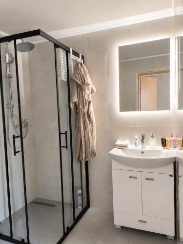 a bathroom with a shower and a sink at Glamping Drina Riverzone in Goražde