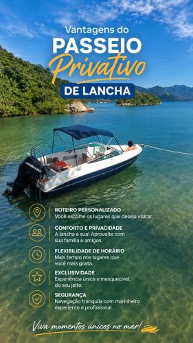 a poster of a boat in the water at Lancha melodia in Paraty