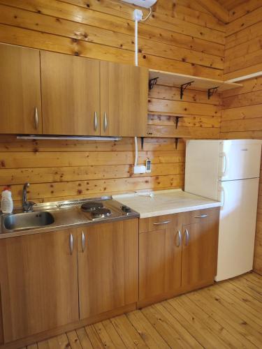 a kitchen with wooden cabinets and a white refrigerator at Lada Bojana in Ulcinj