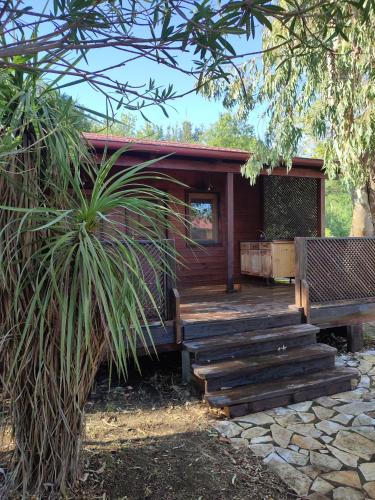 a house with a wooden deck and a bench at Lada Bojana in Ulcinj