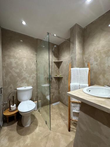 a bathroom with a toilet and a shower and a sink at Jnane Ayam Atlas in Ourika