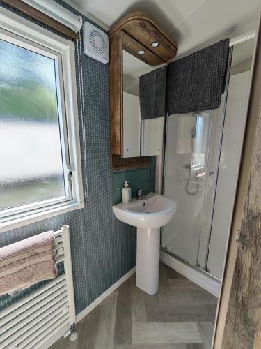 a bathroom with a sink and a shower at Sunnycott Caravan Park in Cowes
