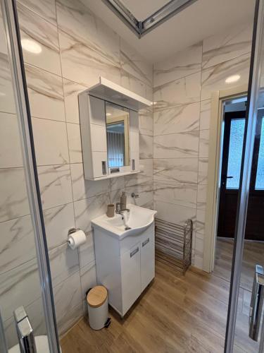 a bathroom with a white sink and a mirror at The Central Passage in Gornji Milanovac