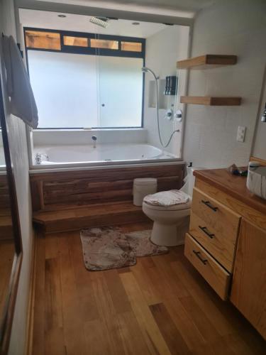 a bathroom with a tub and a toilet and a window at Cabaña Baño de bosque in Coscotitlán
