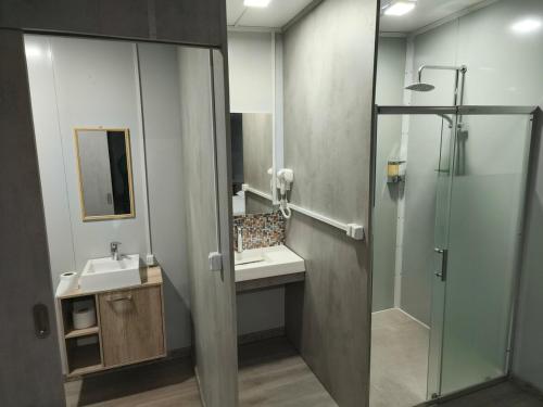 a bathroom with a shower and a sink and a mirror at Apartamento 201 in Colonia Valdense