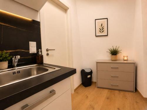a kitchen with a sink and a counter top at Zum Rheinberg City Studio in Braubach