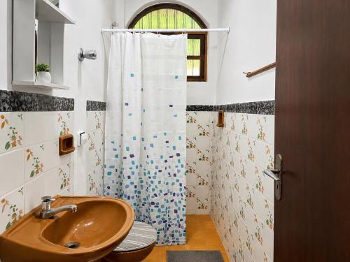 a bathroom with a sink and a shower at Recanto Dom José in Peruíbe