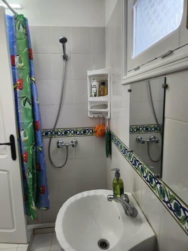 a bathroom with a sink and a shower at Villa SiJoBa in Raʼs al Jabal