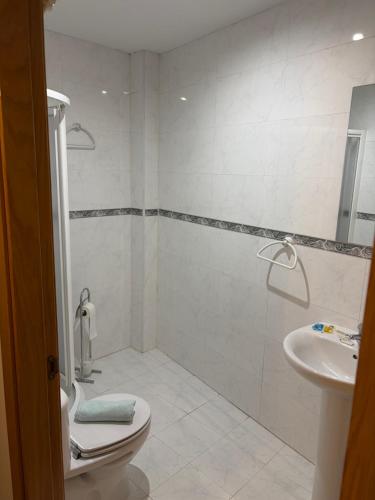 a bathroom with a toilet and a sink at Hostal Alhambra in Mocejón