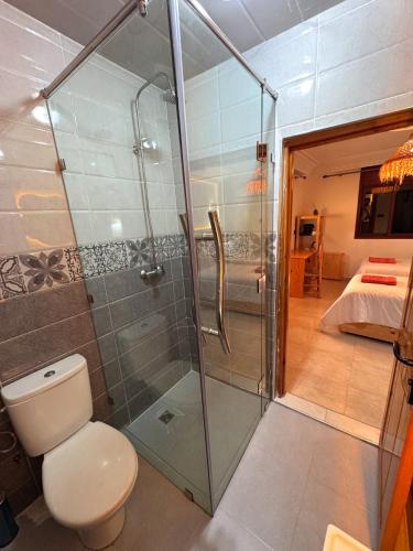 a bathroom with a toilet and a glass shower at Taghazout Life in Taghazout