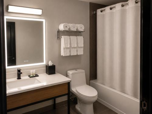 a bathroom with a toilet and a sink and a shower at Super 8 by Wyndham Champaign in Champaign