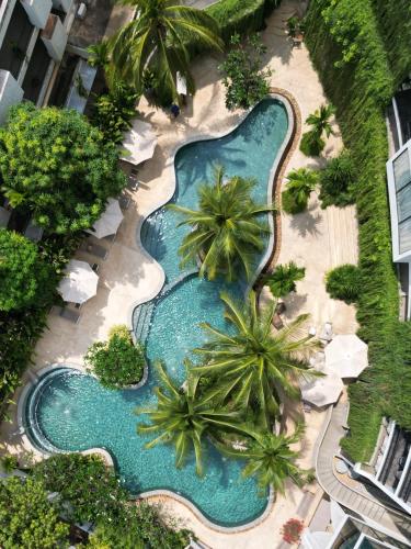 an overhead view of a swimming pool with palm trees at Hotel Vellita Siem reap in Siem Reap