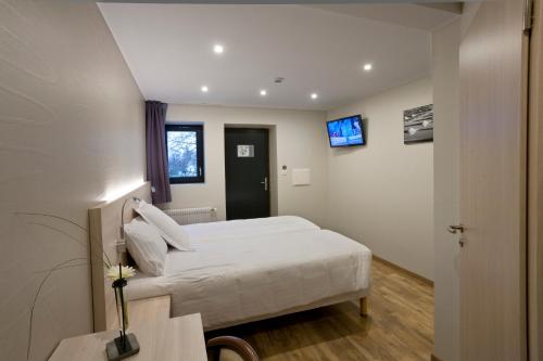 ein Schlafzimmer mit einem Bett und einem TV an der Wand in der Unterkunft La Boîte à Sel in Vogelsheim