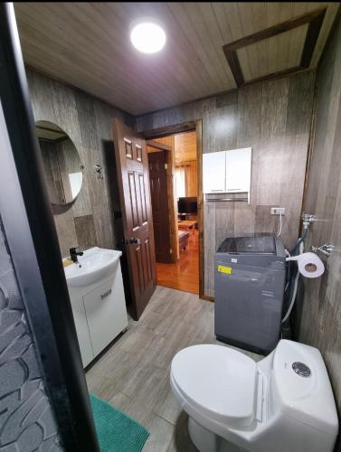 a bathroom with a toilet and a sink at Cabañas Chiloé in Dalcahue