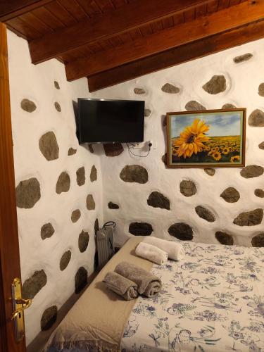 a bedroom with a bed with a tv on the wall at Casita Bentayga in Tejeda