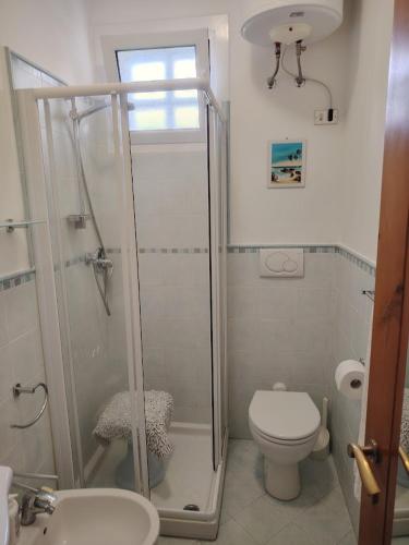a bathroom with a shower and a toilet and a sink at le macchie in Lido degli Estensi