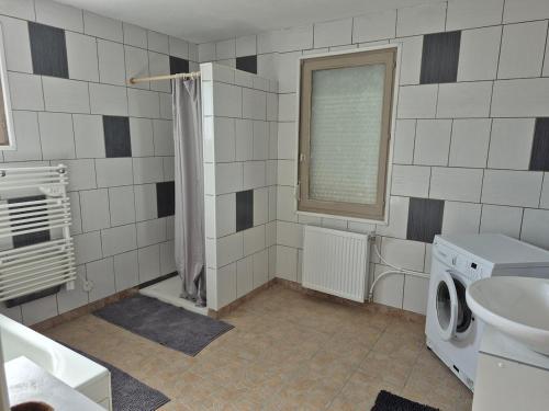 a bathroom with a washing machine and a sink at La cabane de Claude in Fougerolles