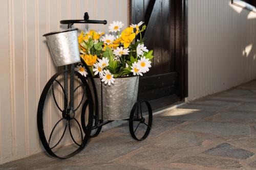 a bicycle with a basket full of flowers at Agnanti Seaview Villas in Karlovasi