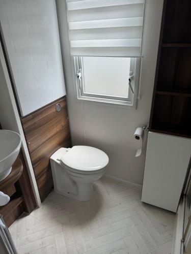 a small bathroom with a toilet and a window at Nancy staycation in Clacton-on-Sea
