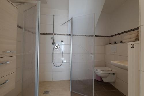 a bathroom with a shower and a toilet at MoselStudio Briedel - Sonnenterrasse und Komfort in Briedel