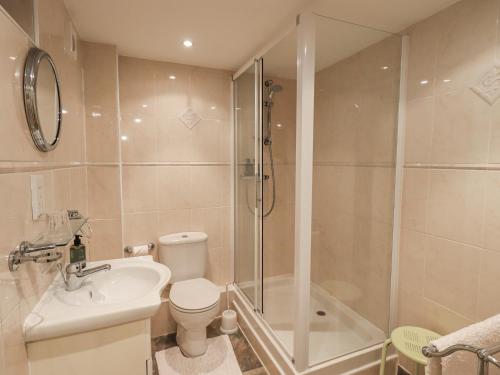a bathroom with a shower and a toilet and a sink at The Coach House in Wigton