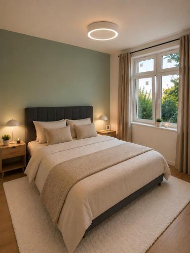 a bedroom with a large bed and a window at Lake House in Mühlehorn