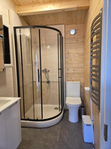 a bathroom with a shower and a toilet at AMONG Nature Stay in Vilnius in Vilnius
