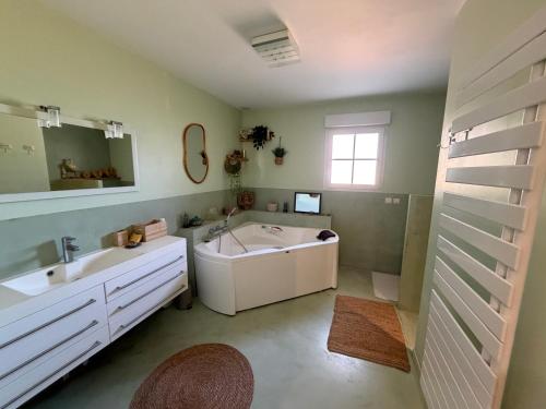 a bathroom with a tub and a sink and a mirror at gîte du bel étang in Commenailles