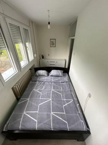 a large bed in a room with two windows at Comfy Flat in New Belgrade in Belgrade