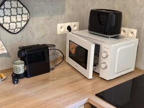 a microwave oven sitting on top of a counter at Oasis Valley Karlovy Vary Center in Karlovy Vary