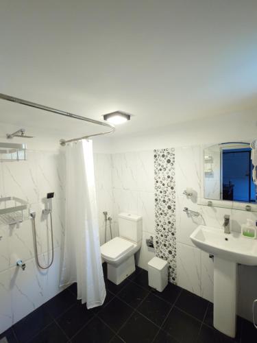a bathroom with a sink and a toilet and a shower at The Whitegates Lodge in Weligama