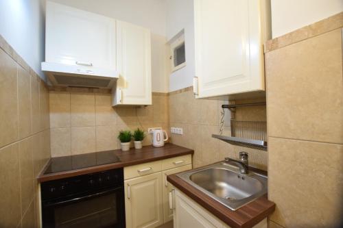 a small kitchen with white cabinets and a sink at Standard Apartment by Hi5 - Múzeum 5 in Budapest