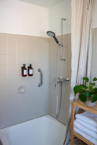 a bathroom with a shower with a shower curtain at Seeblick Apartment Meersburg in Meersburg