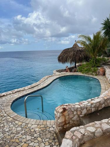 a swimming pool with the ocean in the background at Lagun Paradise Curacao in Willemstad