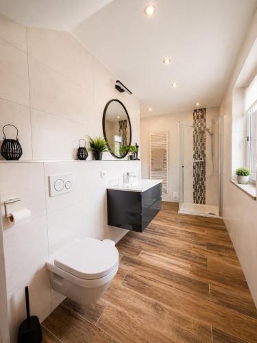 a bathroom with a toilet and a sink at Modern apartment with balcony & panoramic view in Tirschenreuth