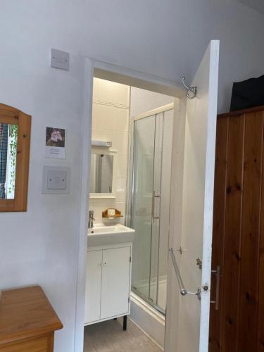 a white bathroom with a shower and a sink at The Palms Guest house in Torquay