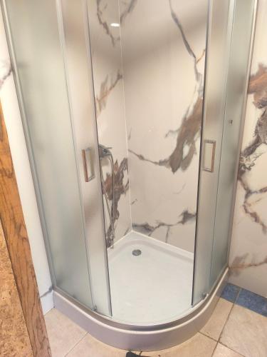 a shower with a glass enclosure in a bathroom at Hiška Nika in Malečnik