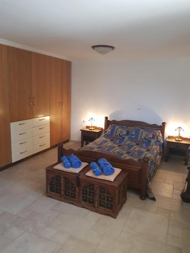 a bedroom with a bed with blue pillows on it at Μαγευτική βίλα Κωνσταντίνα in Nerántza