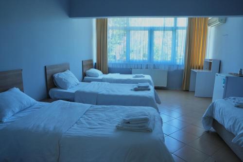 a hotel room with three beds and a window at Karev Sport Hotel in Gümüşyaka