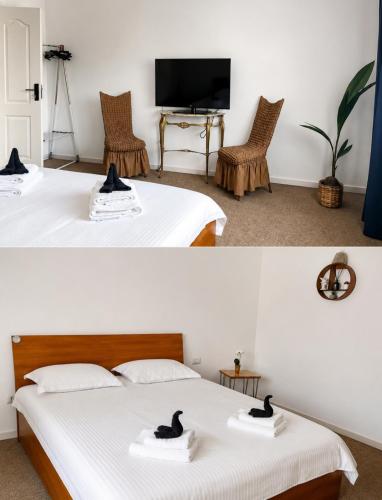 two pictures of a room with two beds at La Daniela in Făgăraş