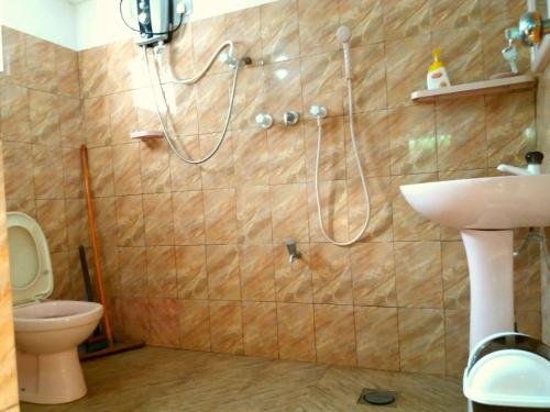 a bathroom with a shower and a sink and a toilet at Sigiri Lakshan Home Stay in Sigiriya