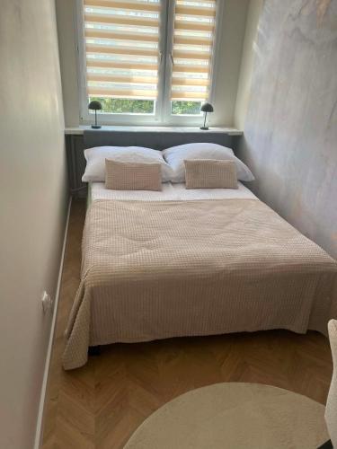 a large bed in a room with a window at Modern Apartament Zakole in Konin