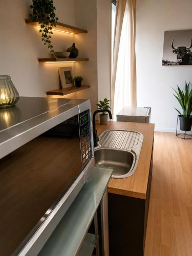 a kitchen with a sink and a microwave at Suider Ozias Self Catering in Windhoek