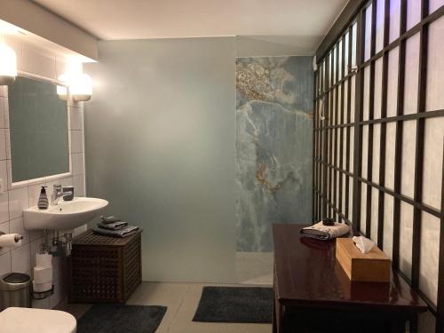 a bathroom with a sink and a mirror at B&B Matin Tranquille in Liège