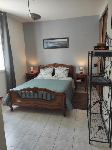a bedroom with a bed in a room with two lamps at Les 2 Chênes in Saumur