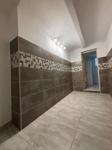 a large room with a tiled wall and a mirror at Guest House Hartenberg in Sokolov