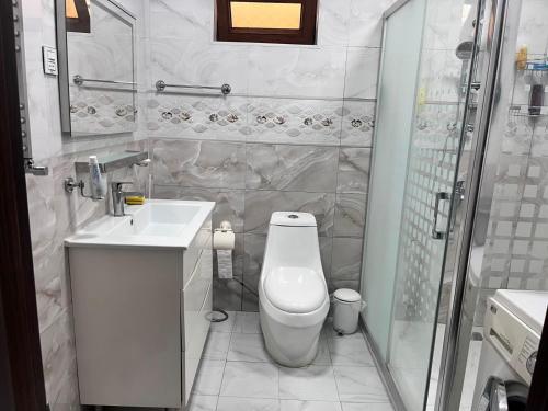 a bathroom with a toilet and a sink and a shower at Halal House Vip in Qusar